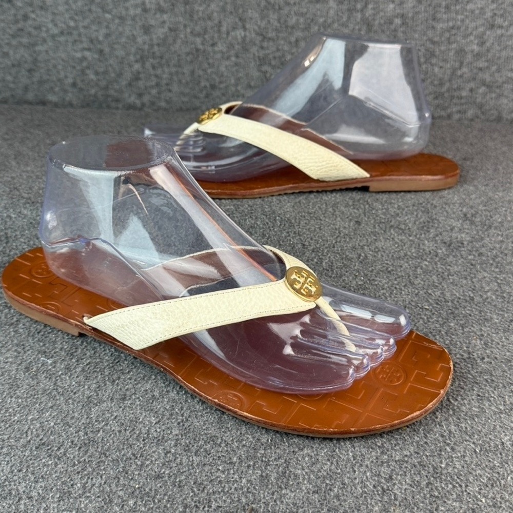 Tory Burch Thora Sandal Women 10.5 White Leather Logo Thong Flip Flop
